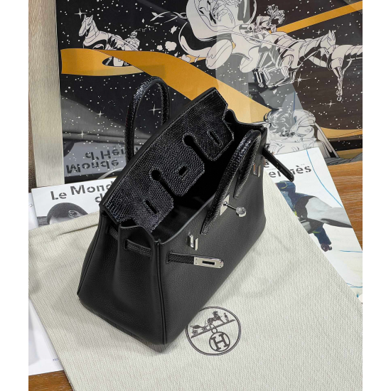 Hermès Birkin 25 Black Lizard and Togo Touch Handbag 